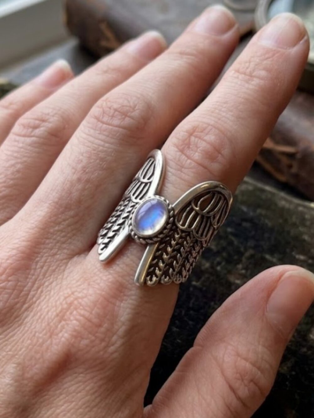 Angel Wings Moonstone Ring Sterling Silver